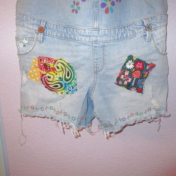 Isabel Maternity PATCHWORK Bib Overalls Size 10 SHORTALLS Shorts DIY Romper BOHO - Picture 4 of 12